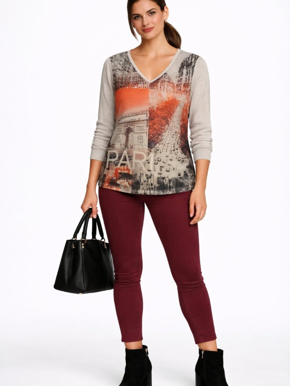 Style & Co Paris Vneck 3/4 Rauched Sleeve Knit Top Petite M